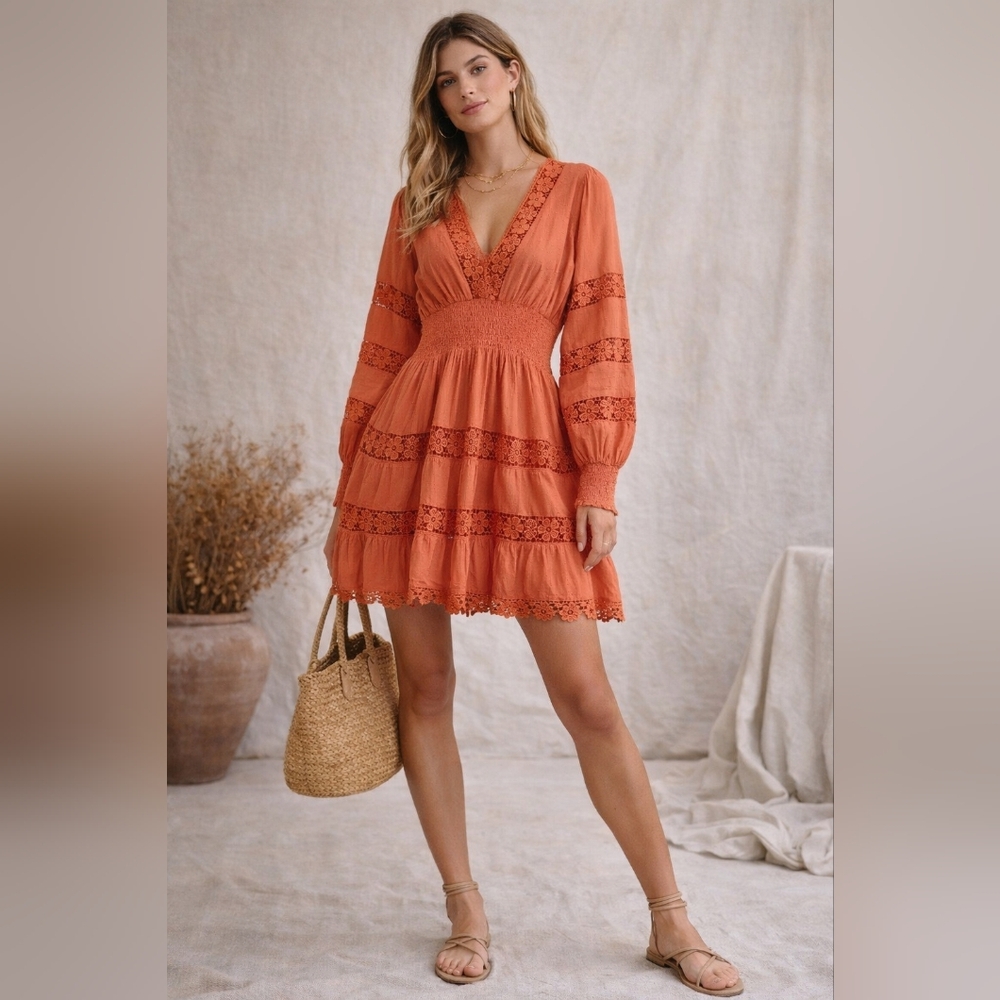 Organge Lace Mini Dress Long Sleeves V-neck Milkmaid Boho Cottagecore Summer